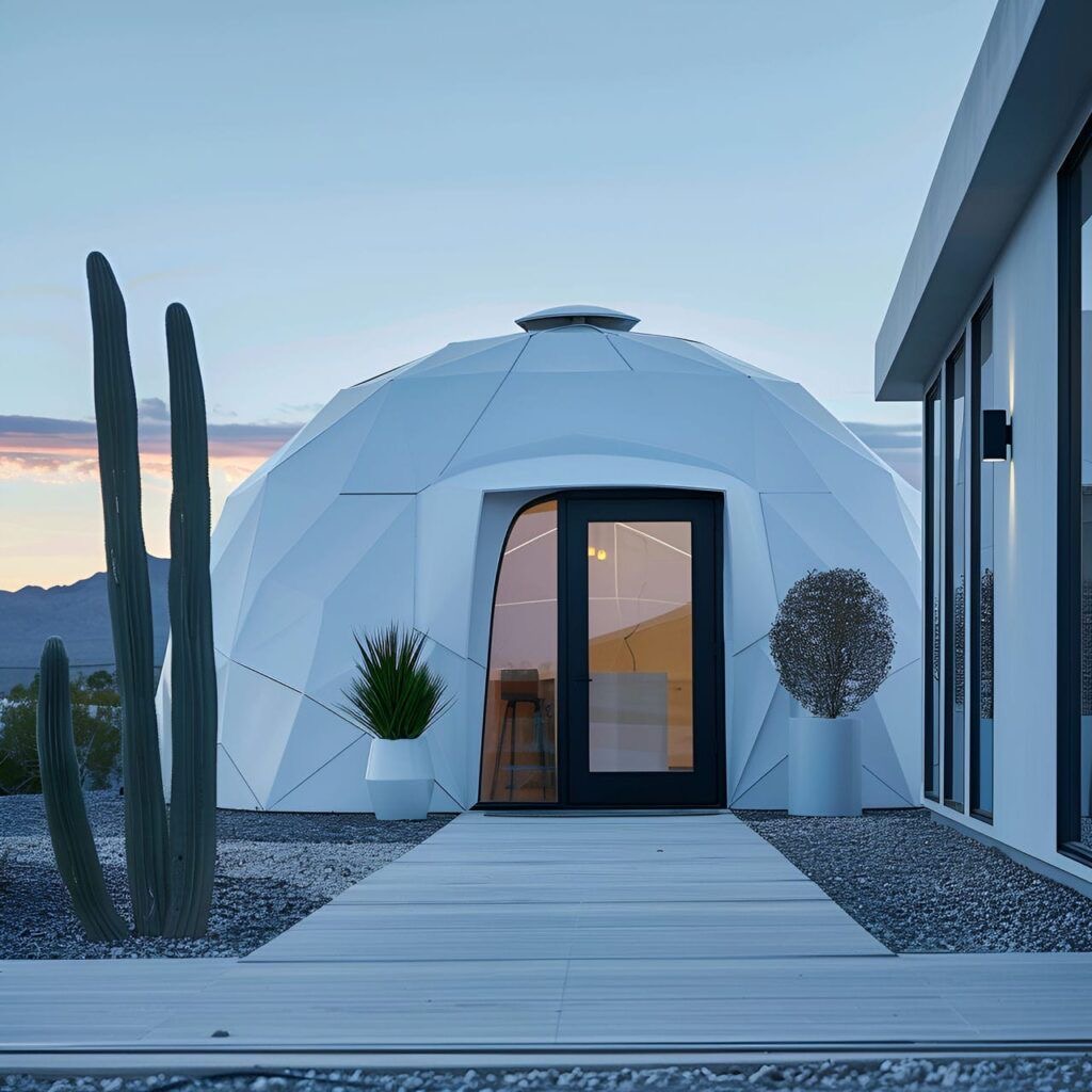 A GlyptoDome four-season steel dome shelter at dusk beside a modern desert home