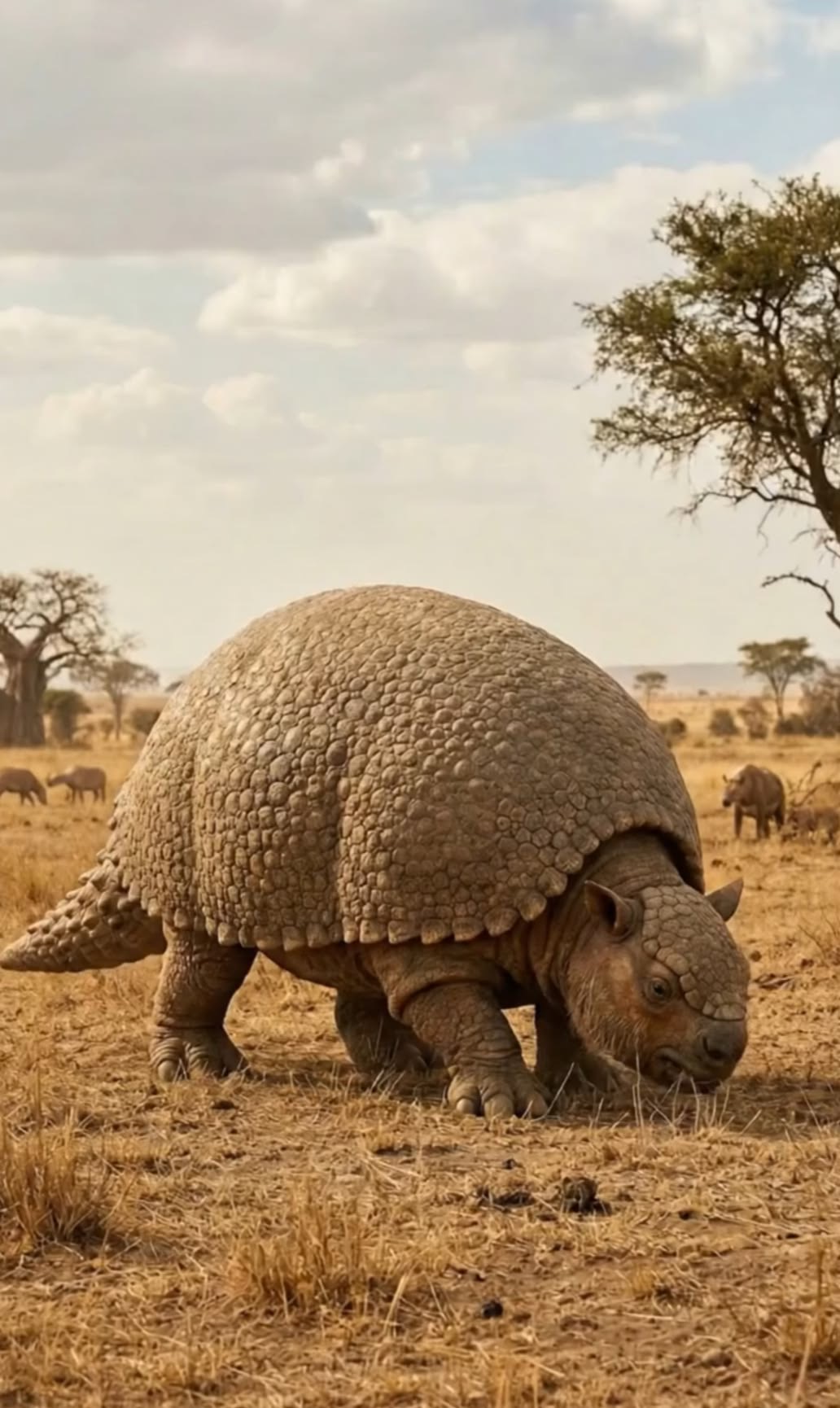 Illustration of a glyptodon, an ancient armored mammal, walking across dry savanna