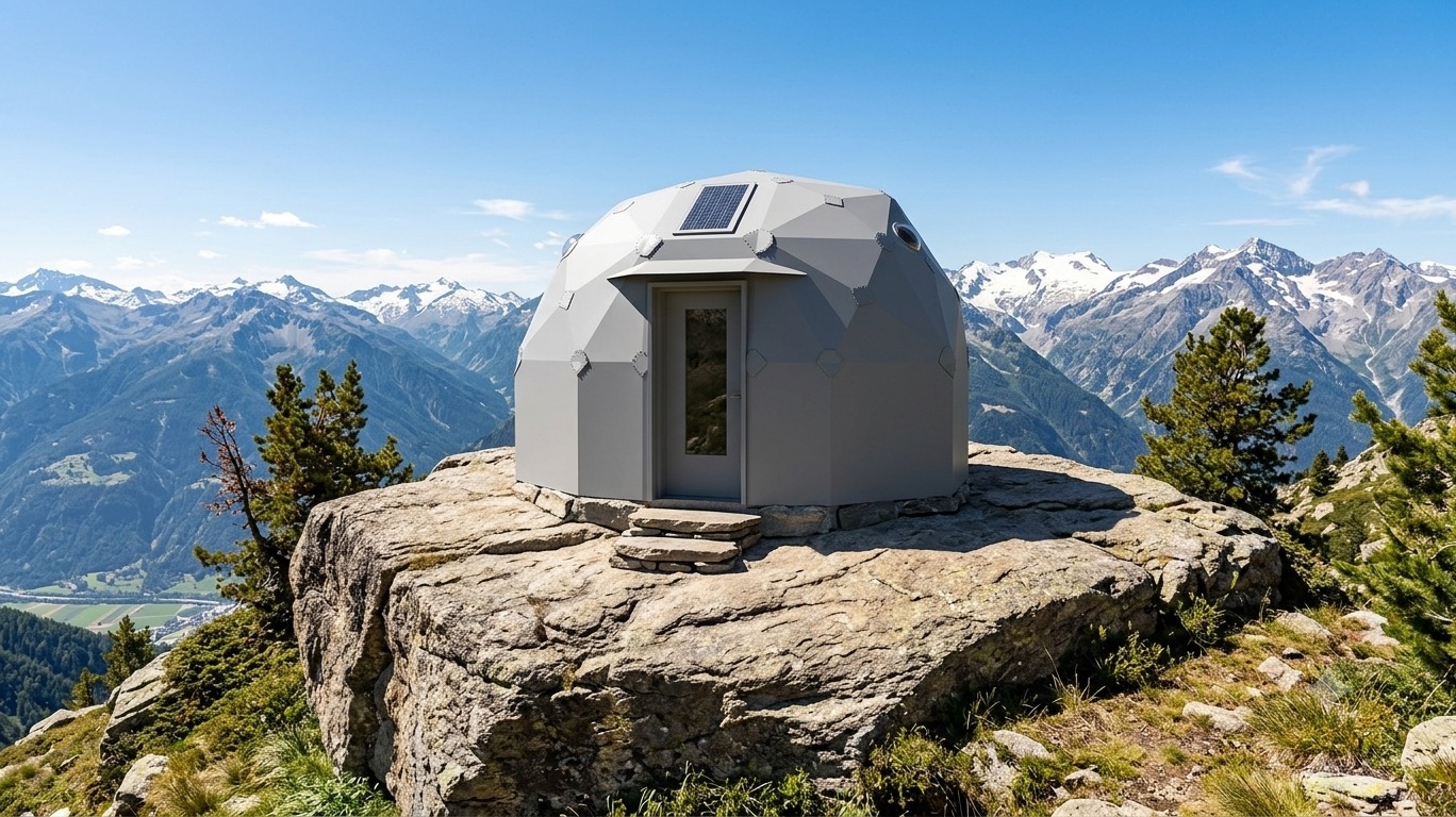 A GlyptoDome shell with a rooftop solar panel installed on an alpine ridge above a valley