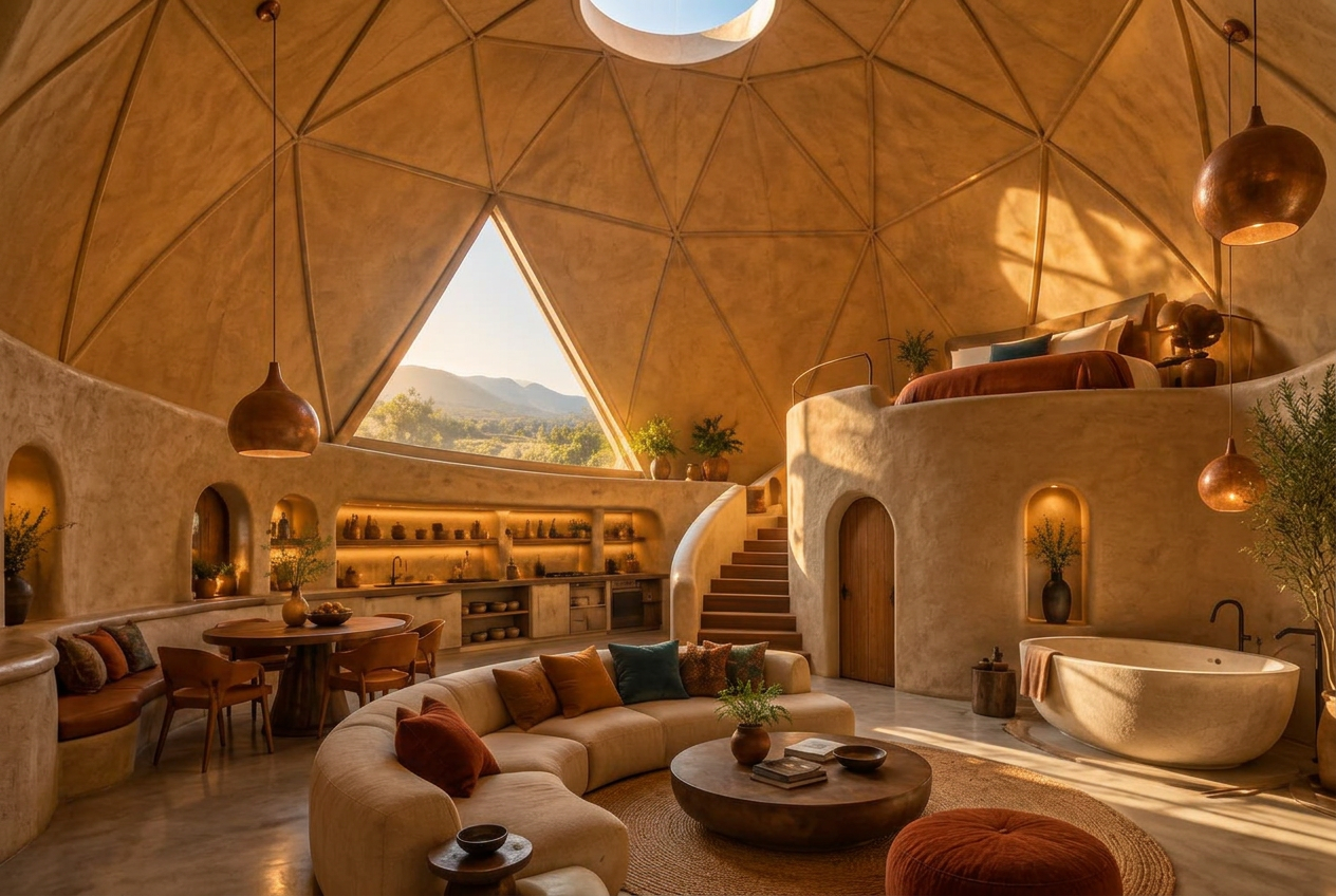 Adobe Zen Loft concept inside a 400-square-foot GlyptoDome with a curved loft, tub, solid pony wall, and high faceted ceiling