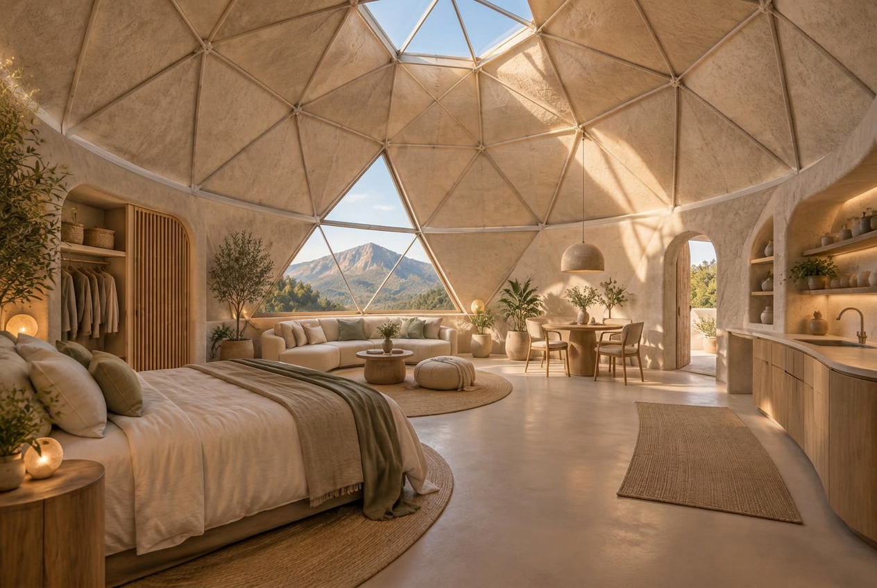 Hempcrete Boho-Lux concept inside a 400-square-foot GlyptoDome with a solid eight-foot pony wall and faceted dome ceiling