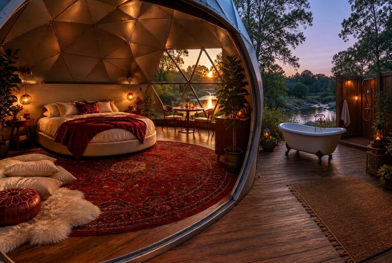 Romantic love-shack Airbnb concept inside and on the deck of a 200-square-foot GlyptoDome with a rounded bed, cherry accents, claw-foot tub, and wood stall shower