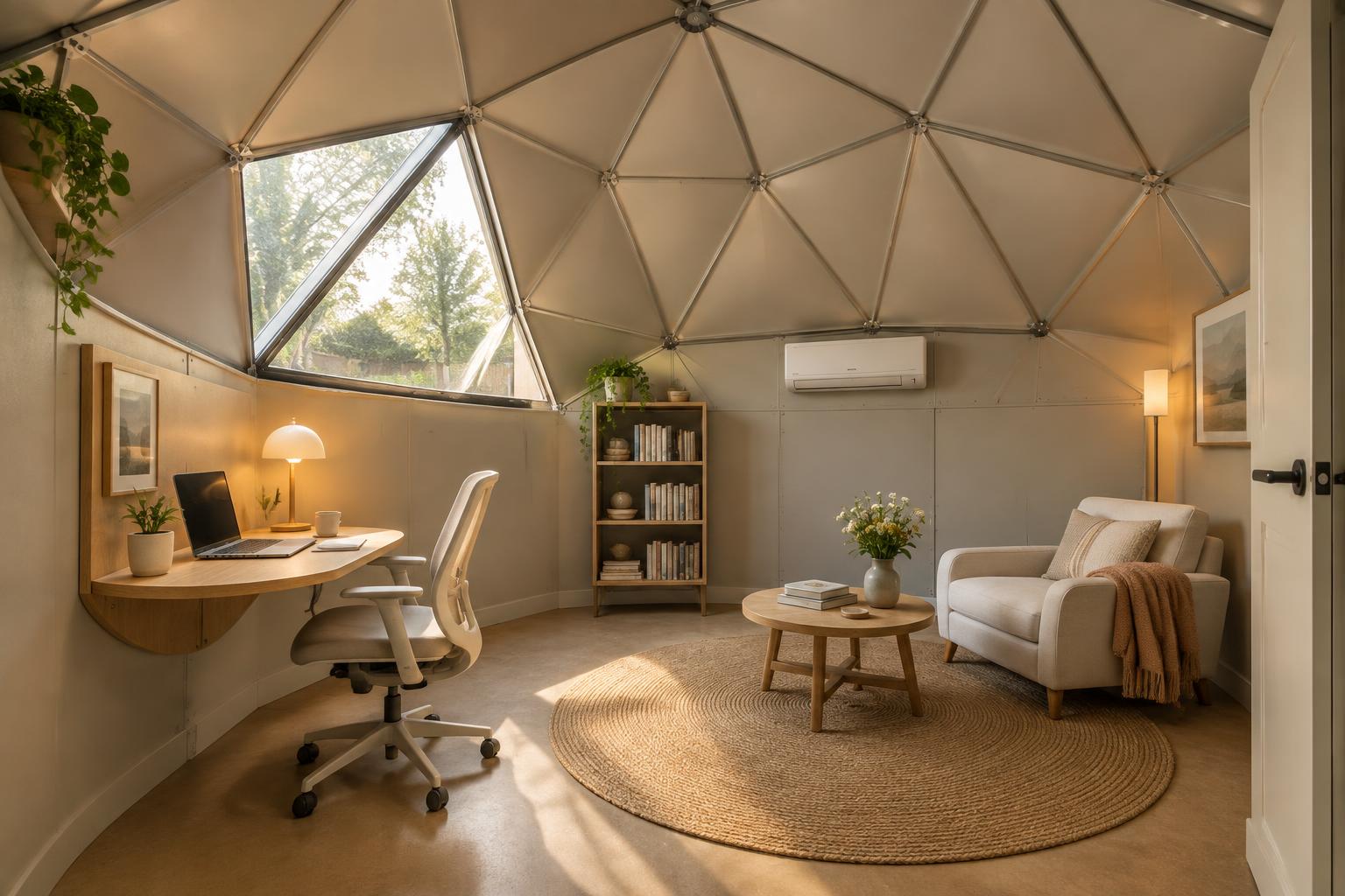 Backyard office concept inside a 200-square-foot GlyptoDome with a rounded fold-down wall desk, ergonomic chair, round rug, and triangular glazing