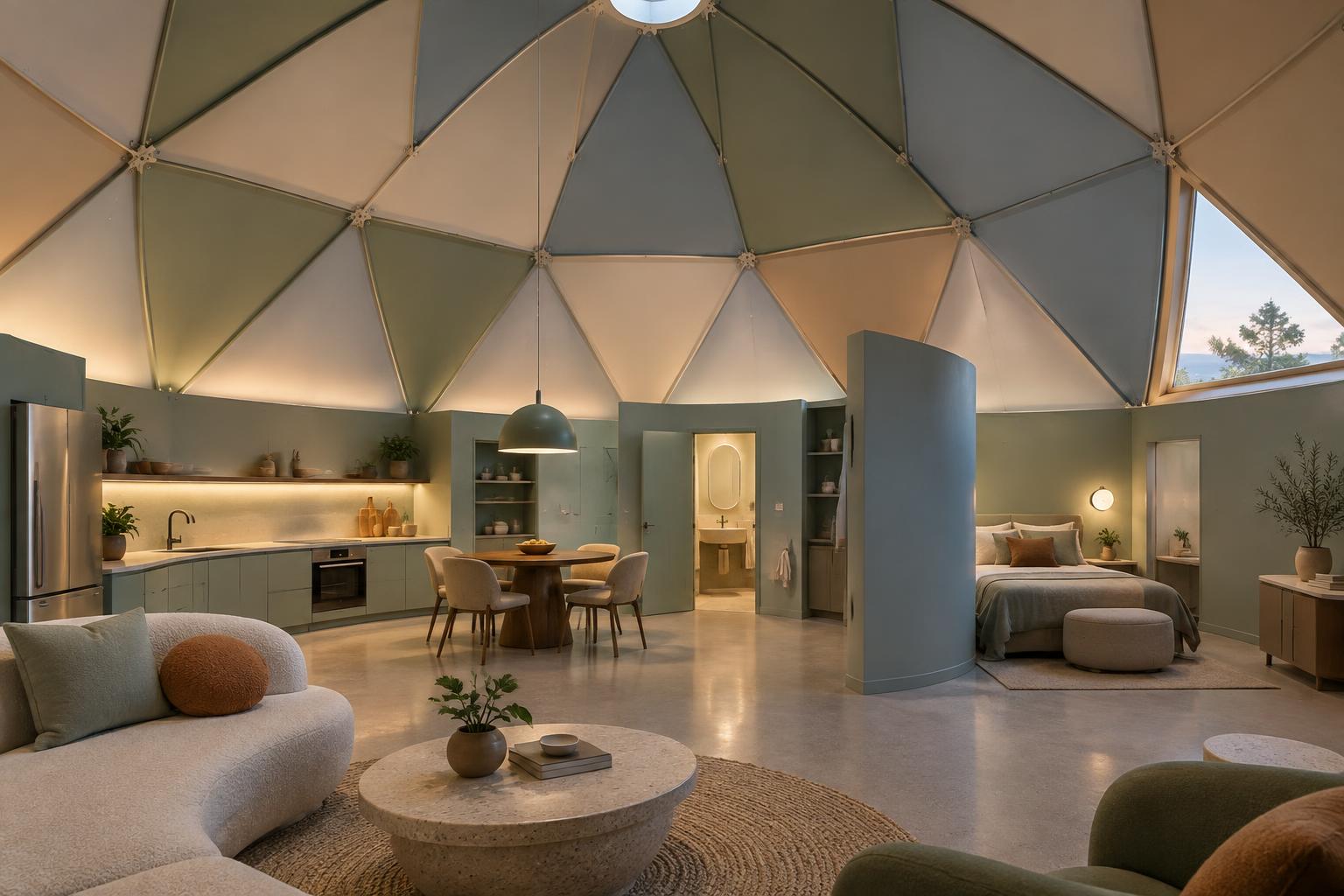 Concept rendering of a 400-square-foot GlyptoDome with subtly colored painted-steel interior panels