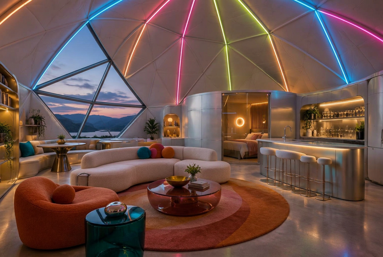 Party Mode concept inside a 400-square-foot GlyptoDome with solid painted panels and LED lines radiating across the dome ceiling