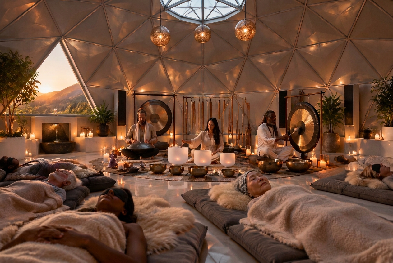 Sound healing ceremony concept inside a 400-square-foot GlyptoDome with gongs, crystal bowls, chimes, and a small group of recipients on grey pads