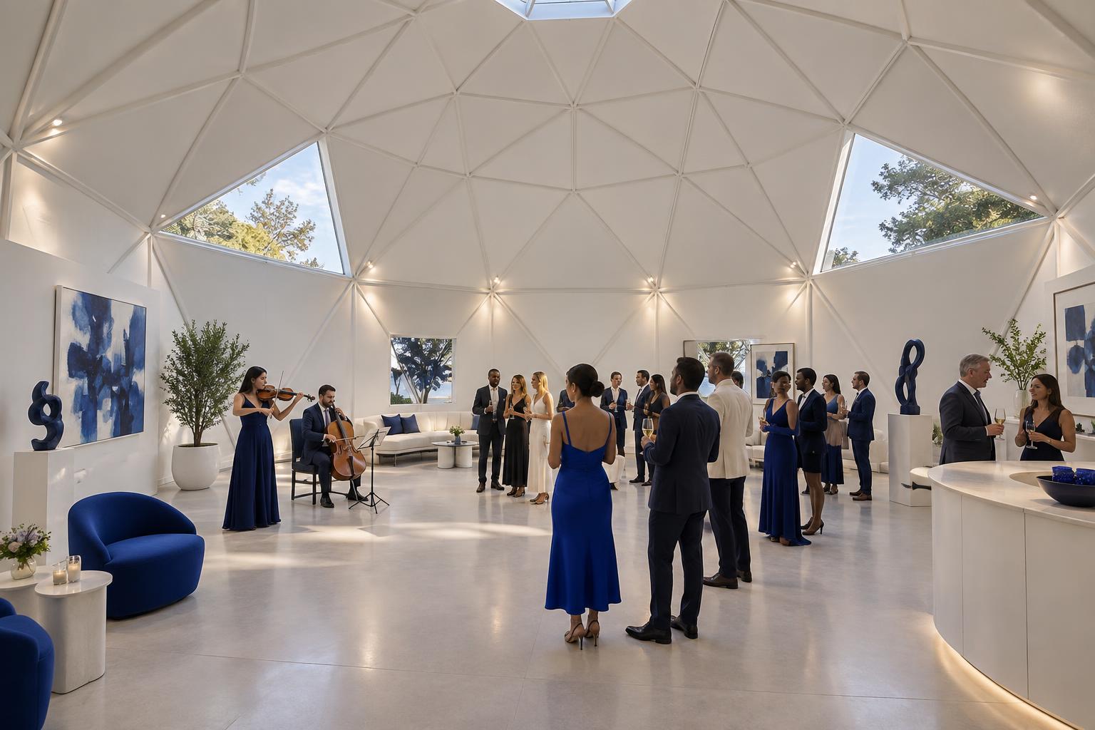 All-white gallery and event-space concept inside a 400-square-foot GlyptoDome during a live violin and cello performance