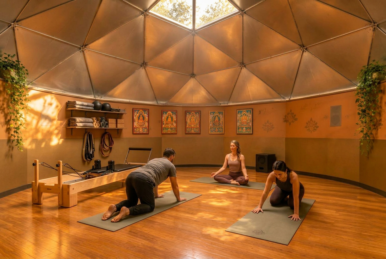 Movement and yoga studio concept inside a 200-square-foot GlyptoDome with a sprung wood floor, pilates equipment along the perimeter, thangkas, and ivy plants